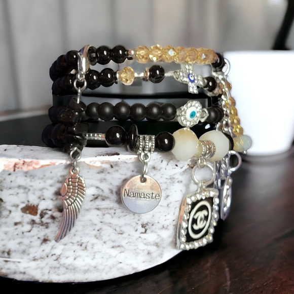 Black CC Crystal Namaste Charmed bracelets Set - Picture 4 of 7